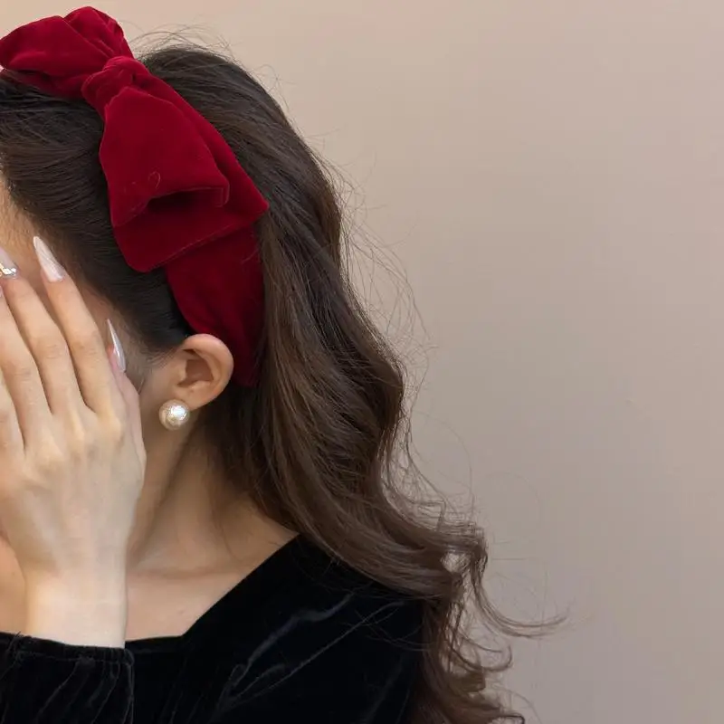 Red Black Velvet Wide Bow Headband For Girls Women Winter Hairband Fashion Temperament New Year Hair Accessories【AliS8】