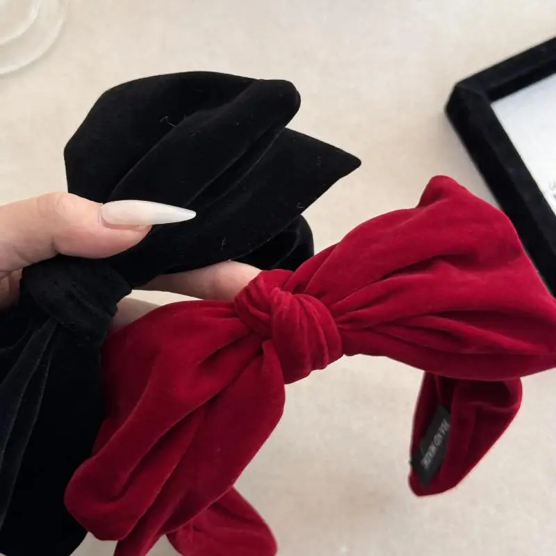 Red Black Velvet Wide Bow Headband For Girls Women Winter Hairband Fashion Temperament New Year Hair Accessories【AliS8】