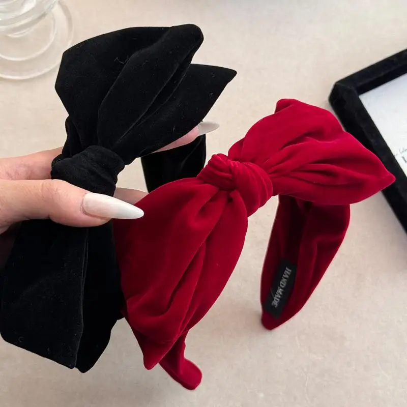 Red Black Velvet Wide Bow Headband For Girls Women Winter Hairband Fashion Temperament New Year Hair Accessories【AliS8】