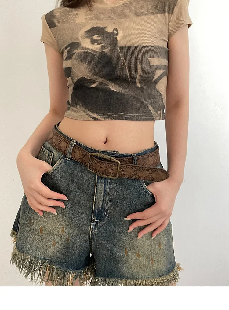 2026 New Retro Y2K Belt WOMEN'S New National Wind Belt with Jeans Belt Senior Sense of Brown