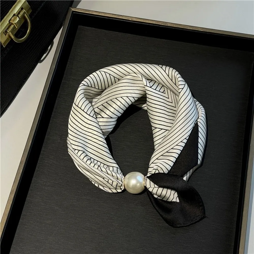 New Pearl Buckle Silk Scarf Printed Thin Neck Scarf Lightweight Soft Neckerchief Women