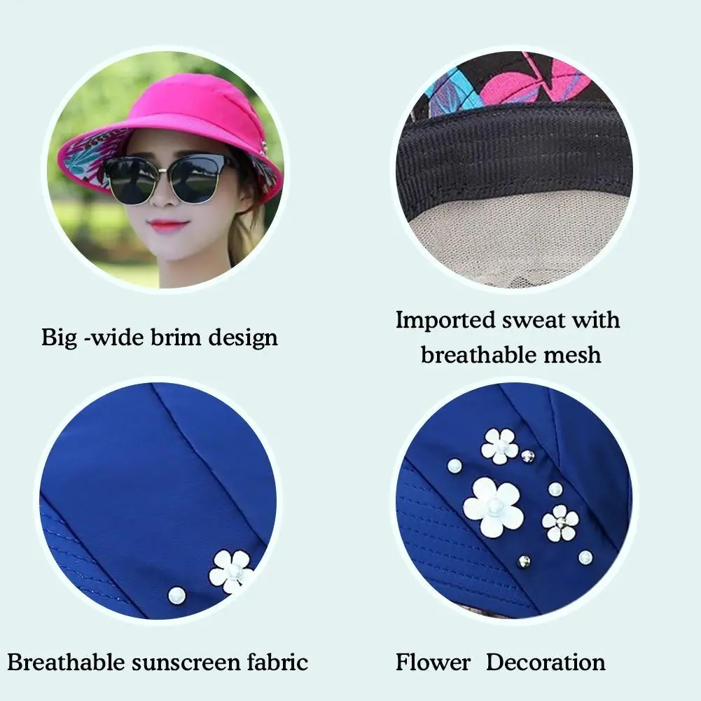 Women Summer Empty Top Sun Protection Cap Large Brim Anti-UV Ponytail Hat For Women Outdoor Travel Beach Visor Fisherman Hats