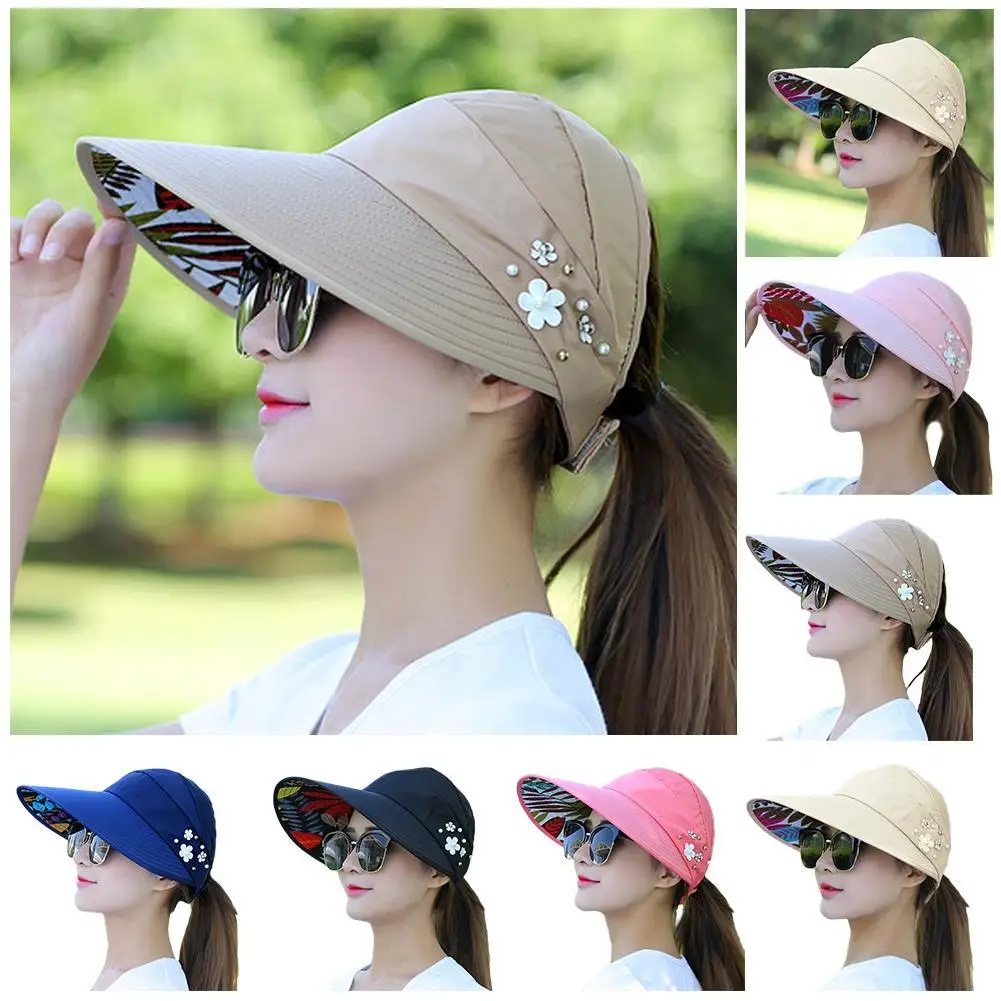 Women Summer Empty Top Sun Protection Cap Large Brim Anti-UV Ponytail Hat For Women Outdoor Travel Beach Visor Fisherman Hats
