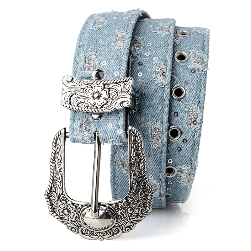 Women's Retro Casual Trend Rhinestone Buckle Belt, Street Ripped Denim Style Punk Rock Versatile Fashion Accessory,For Men Women