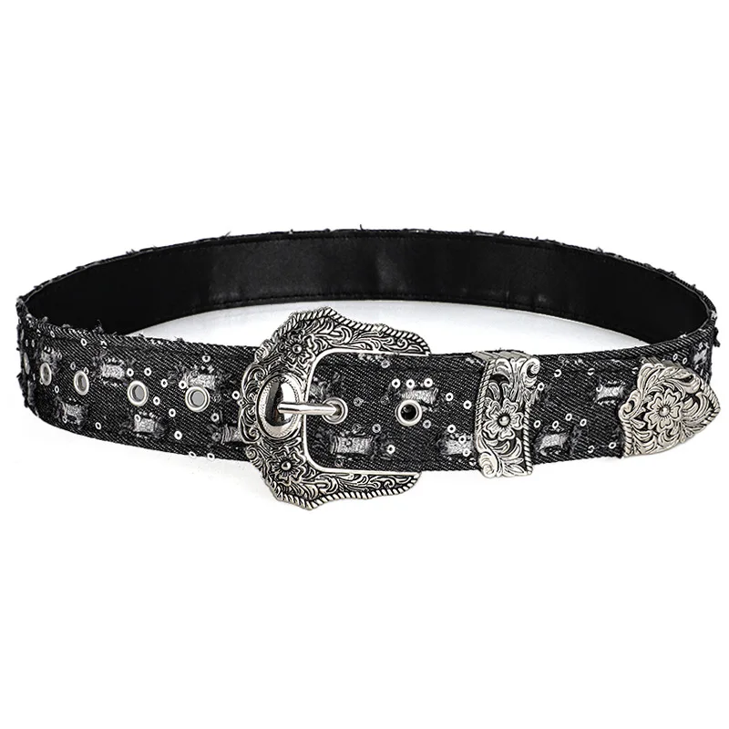 Women's Retro Casual Trend Rhinestone Buckle Belt, Street Ripped Denim Style Punk Rock Versatile Fashion Accessory,For Men Women