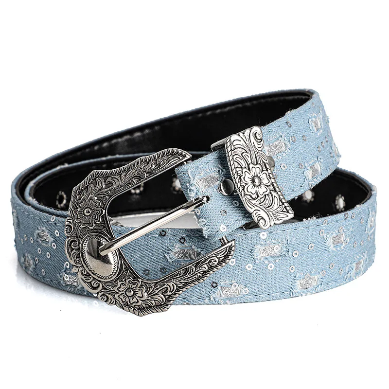 Women's Retro Casual Trend Rhinestone Buckle Belt, Street Ripped Denim Style Punk Rock Versatile Fashion Accessory,For Men Women