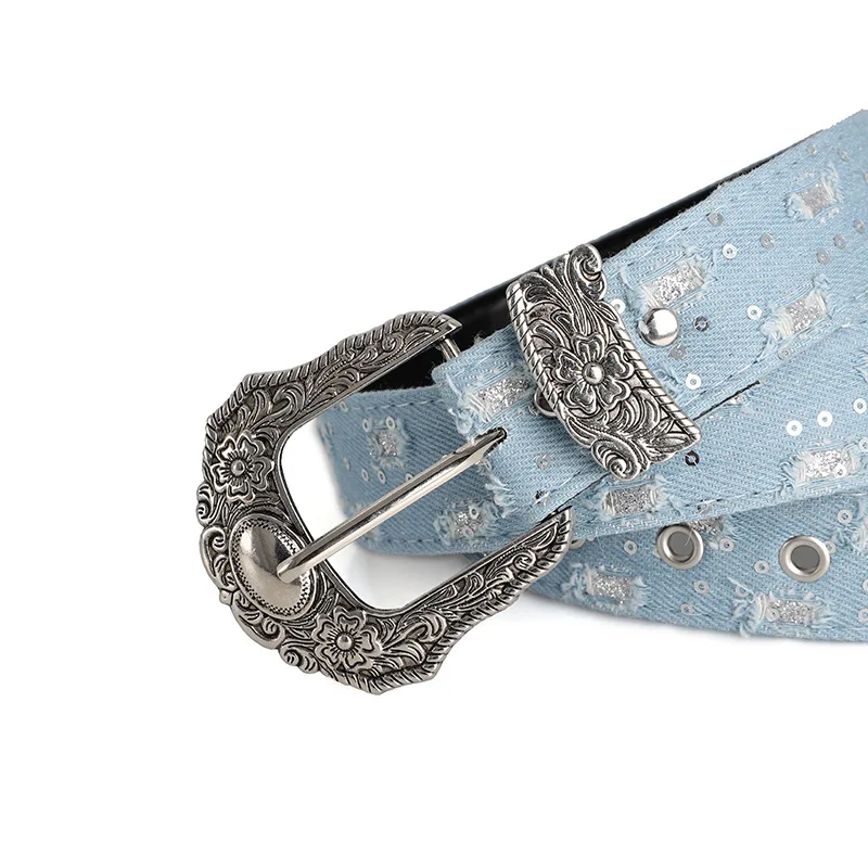 Women's Retro Casual Trend Rhinestone Buckle Belt, Street Ripped Denim Style Punk Rock Versatile Fashion Accessory,For Men Women