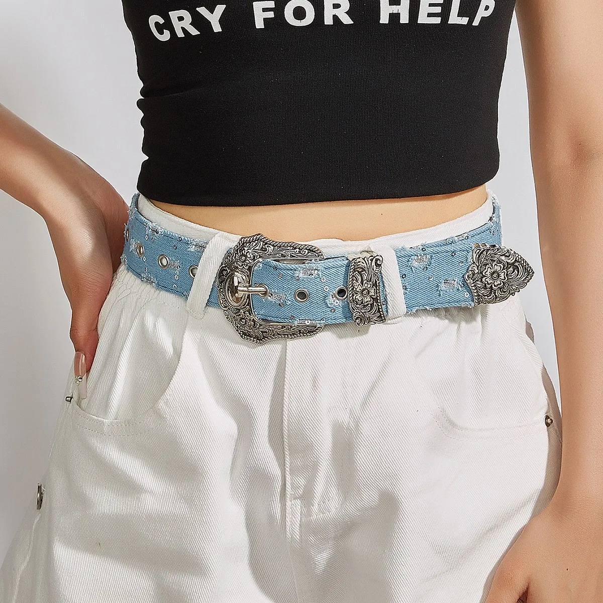 Women's Retro Casual Trend Rhinestone Buckle Belt, Street Ripped Denim Style Punk Rock Versatile Fashion Accessory,For Men Women