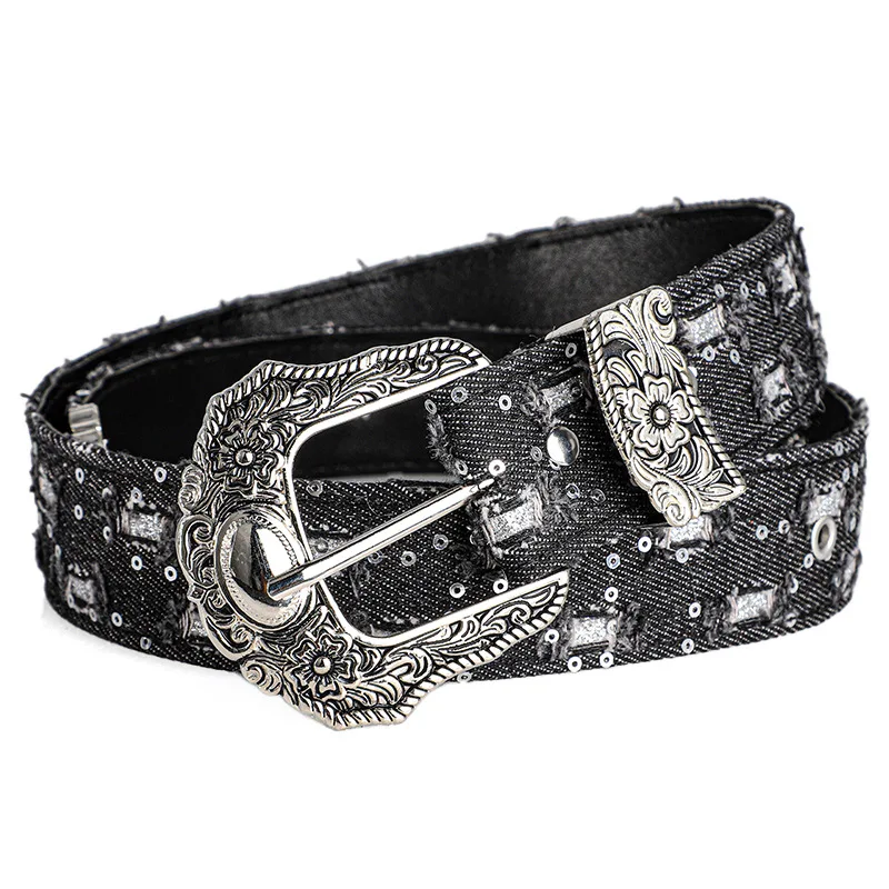 Women's Retro Casual Trend Rhinestone Buckle Belt, Street Ripped Denim Style Punk Rock Versatile Fashion Accessory,For Men Women