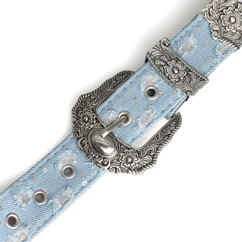 Women's Retro Casual Trend Rhinestone Buckle Belt, Street Ripped Denim Style Punk Rock Versatile Fashion Accessory,For Men Women