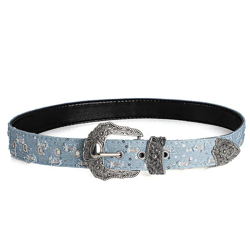 Women's Retro Casual Trend Rhinestone Buckle Belt, Street Ripped Denim Style Punk Rock Versatile Fashion Accessory,For Men Women