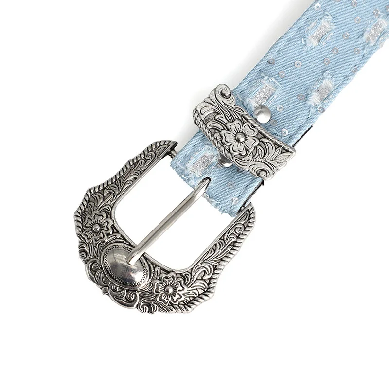 Women's Retro Casual Trend Rhinestone Buckle Belt, Street Ripped Denim Style Punk Rock Versatile Fashion Accessory,For Men Women