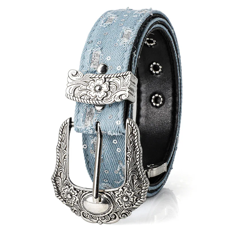 Women's Retro Casual Trend Rhinestone Buckle Belt, Street Ripped Denim Style Punk Rock Versatile Fashion Accessory,For Men Women