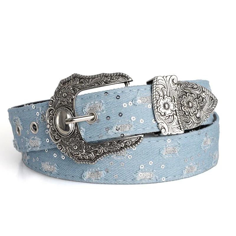 Women's Retro Casual Trend Rhinestone Buckle Belt, Street Ripped Denim Style Punk Rock Versatile Fashion Accessory,For Men Women