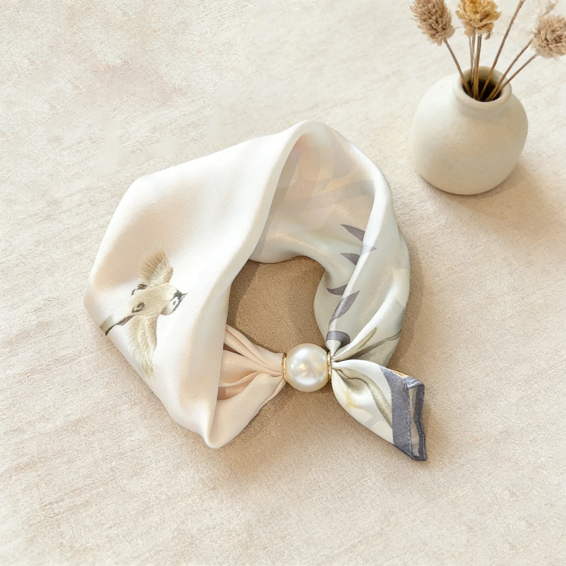 Spring Summer Thin Pearl Silk Scarves Magnetic Buckle Lazy Scarf Women Girls Sweet Elegant Pendant Collarbone Chain Neck Scarf