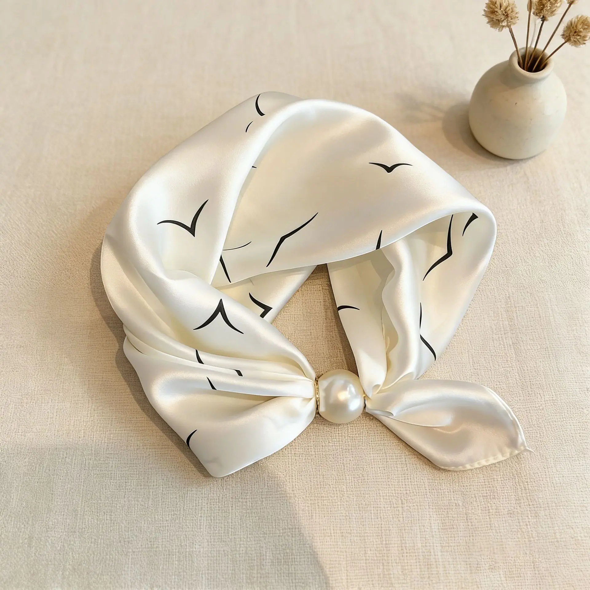 Spring Summer Thin Pearl Silk Scarves Magnetic Buckle Lazy Scarf Women Girls Sweet Elegant Pendant Collarbone Chain Neck Scarf