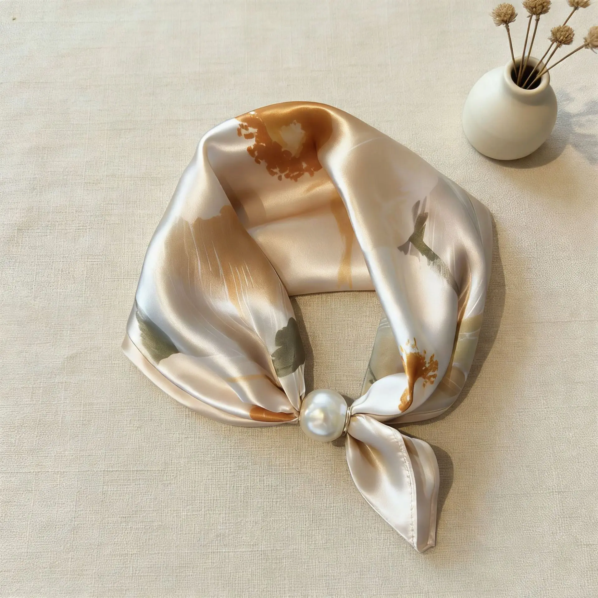Spring Summer Thin Pearl Silk Scarves Magnetic Buckle Lazy Scarf Women Girls Sweet Elegant Pendant Collarbone Chain Neck Scarf