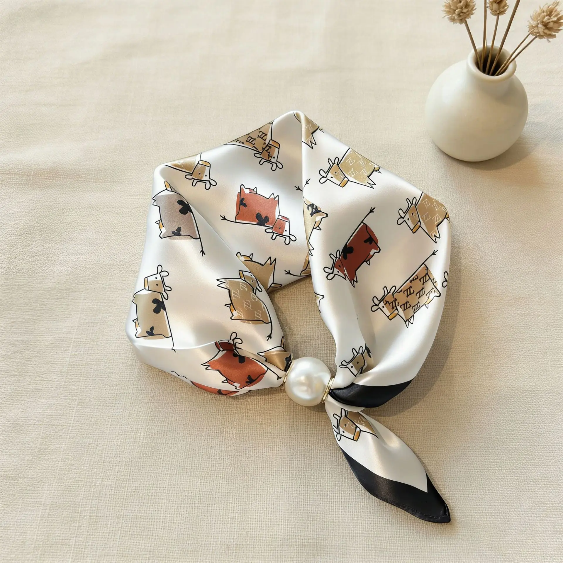 Spring Summer Thin Pearl Silk Scarves Magnetic Buckle Lazy Scarf Women Girls Sweet Elegant Pendant Collarbone Chain Neck Scarf