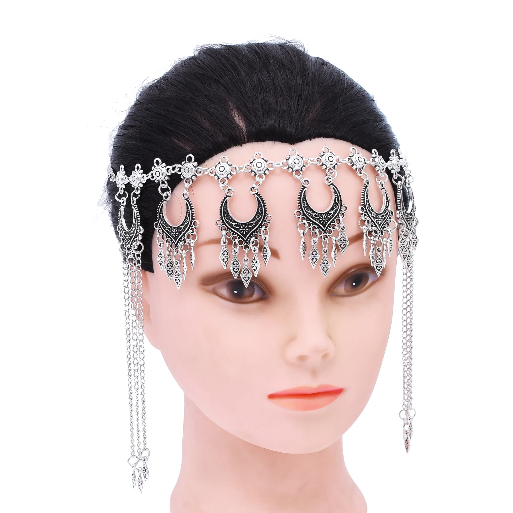 Retro Silvery Alloy Hollow Moon Pendant Forehead Headpiece for Women Boho Ethnic Indian Kurdish Gypsy Hair Accessories Jewelry
