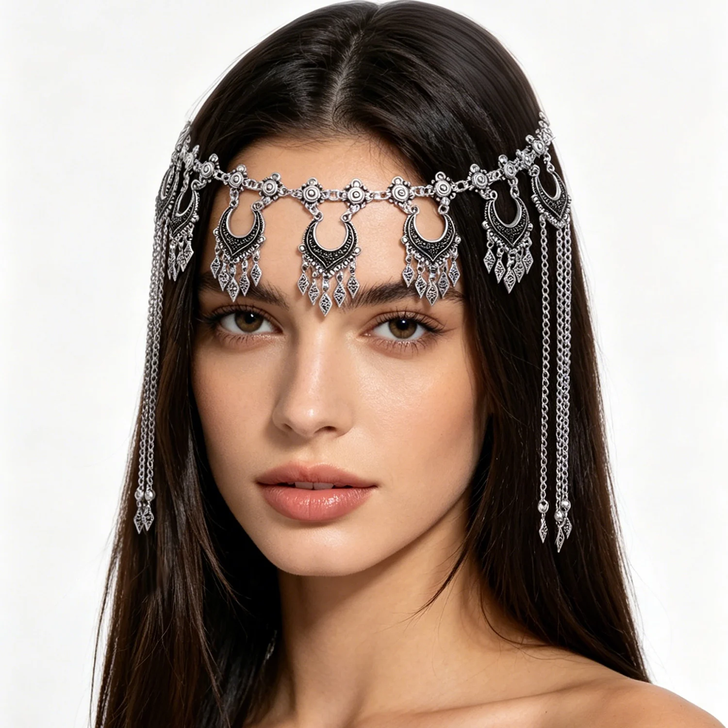 Retro Silvery Alloy Hollow Moon Pendant Forehead Headpiece for Women Boho Ethnic Indian Kurdish Gypsy Hair Accessories Jewelry