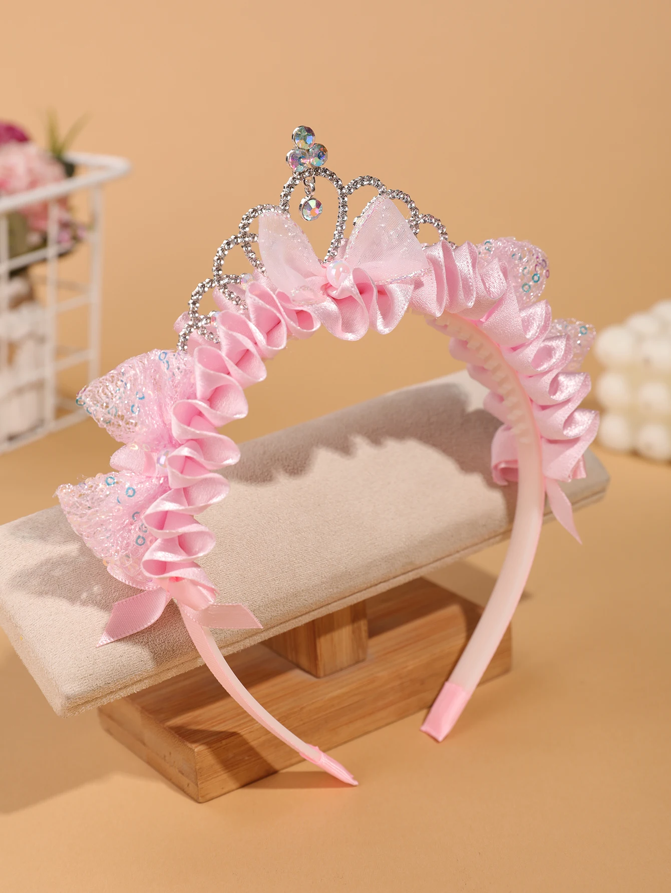Children's Pink Princess Crown Hairband - Little Girl Sequined Cat Ears Bow Hairband - Birthday Party Performance Headwear