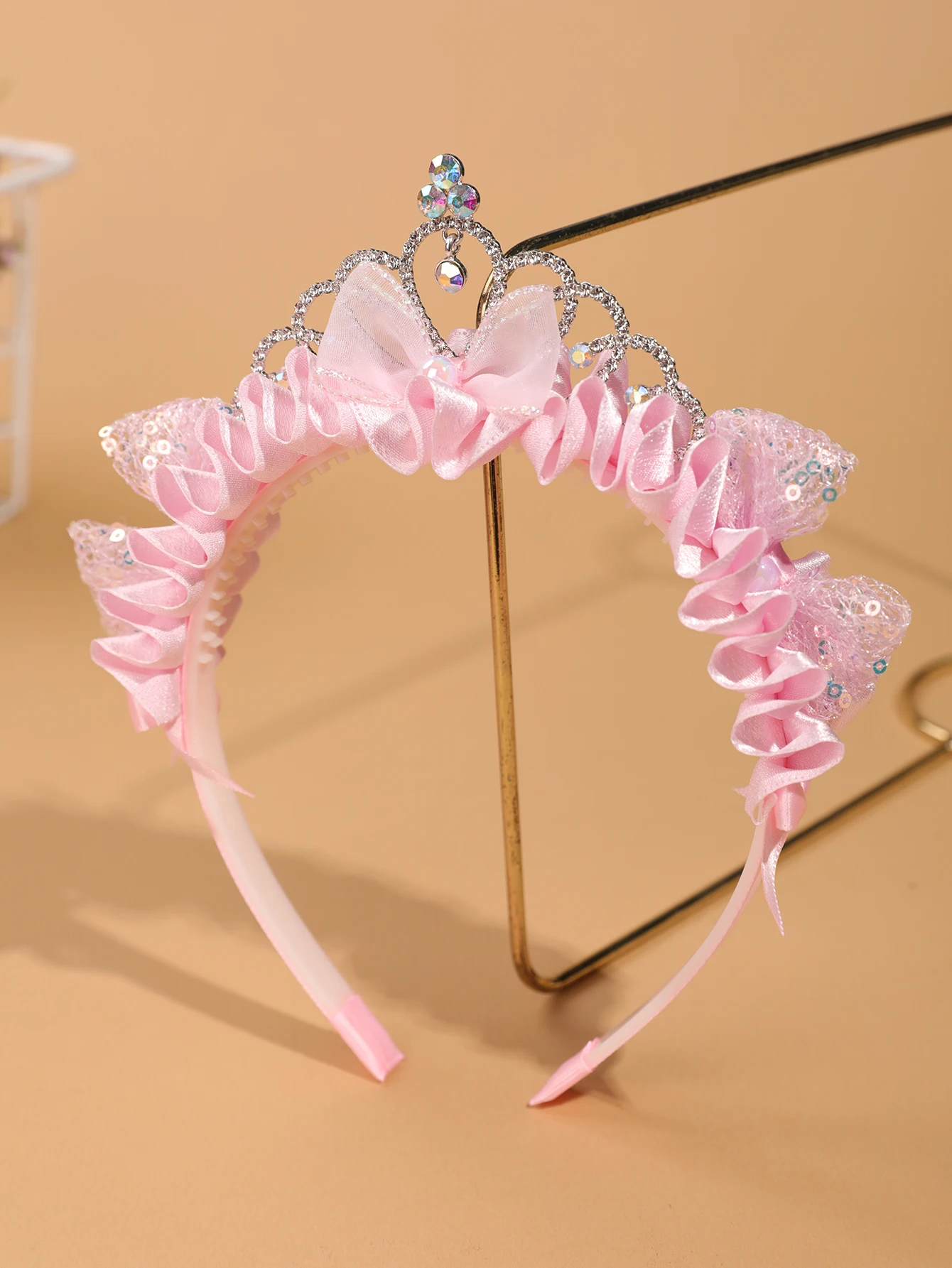 Children's Pink Princess Crown Hairband - Little Girl Sequined Cat Ears Bow Hairband - Birthday Party Performance Headwear