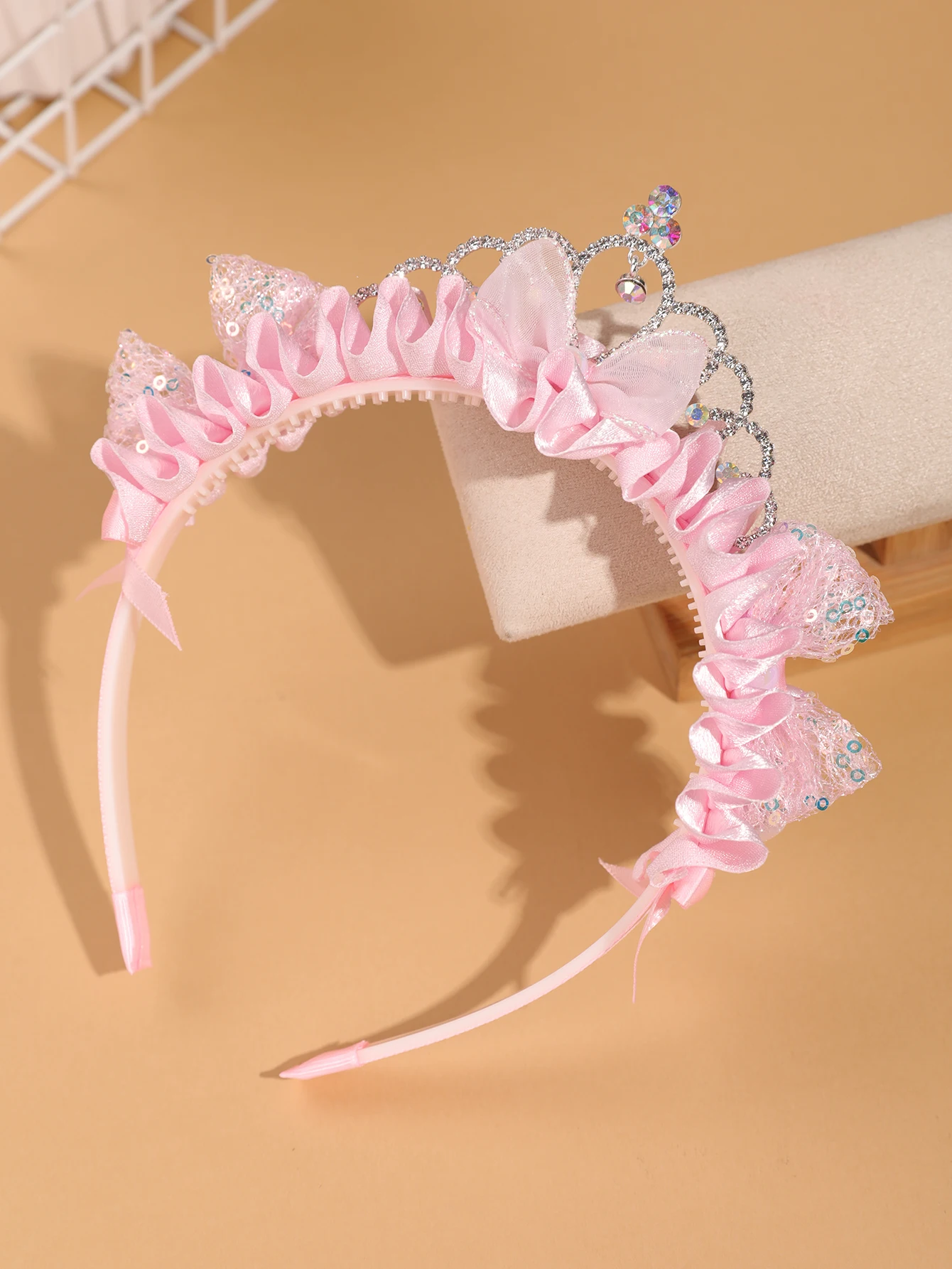 Children's Pink Princess Crown Hairband - Little Girl Sequined Cat Ears Bow Hairband - Birthday Party Performance Headwear