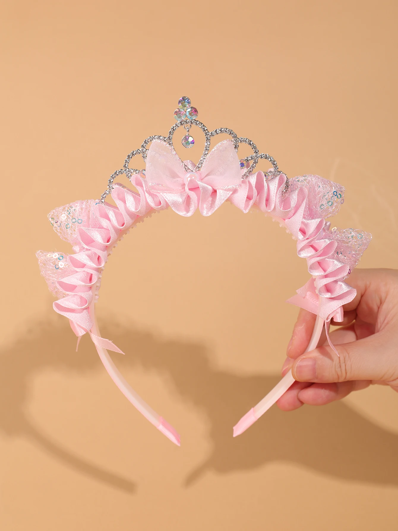 Children's Pink Princess Crown Hairband - Little Girl Sequined Cat Ears Bow Hairband - Birthday Party Performance Headwear
