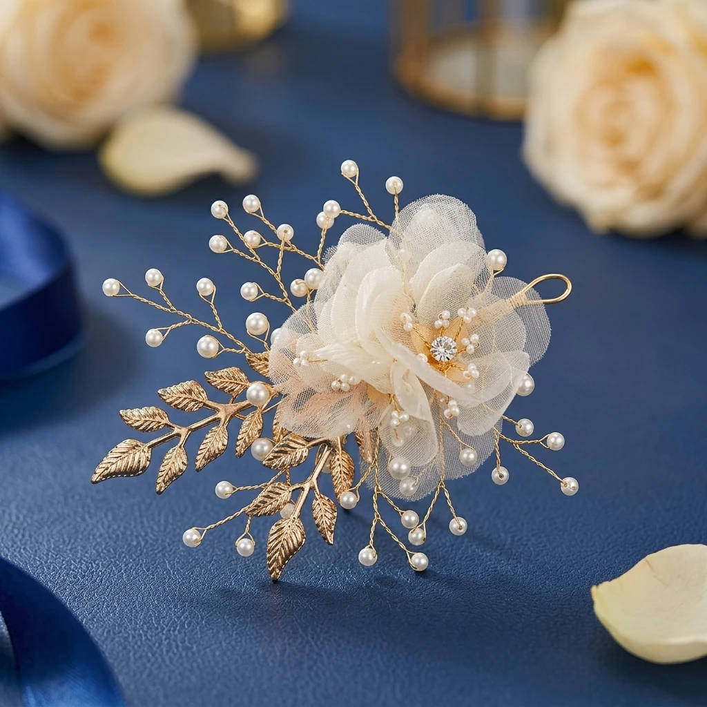 Crystal Flower Leaf Hair Clip Hairpin Headband For Women Silk Flower Hair Clip Wedding Bridal Hair Accessories Jewelry Gift