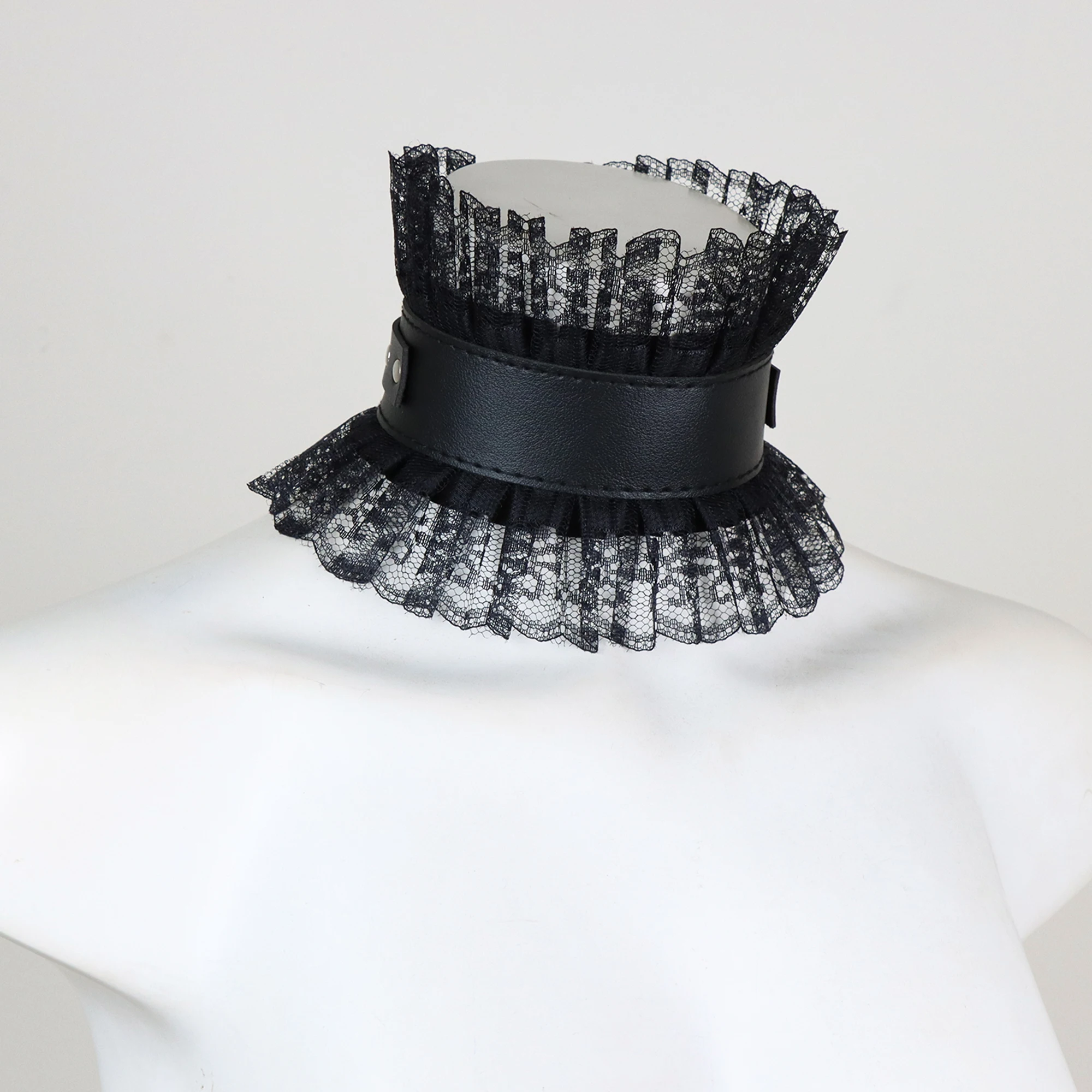 Women Vintage Fake Collar Gothic Black Faux Leather Ruffled Floral Lace Choker Necklace Victorian Lolita Neck Ruff