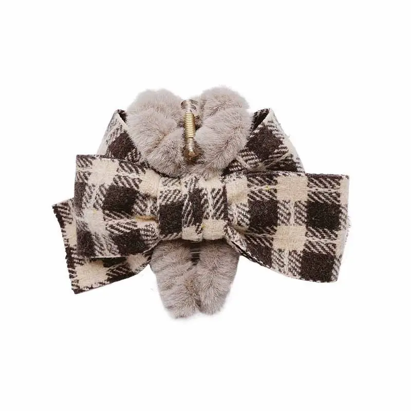 1pc Autumn/Winter Plush Grab Clip South Korea Dongdaemun Checkered Bow Hairpin Female Hairpin Large Shark Clip Female
