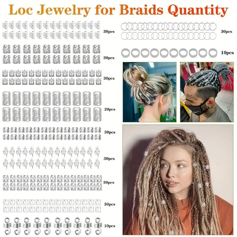 280pcs Silvery Metal Hair Braiding Rings & Cuffs Set - Hip-Hop Punk Style Hollow-Out Dreadlock Beads for Women and Girls DIY