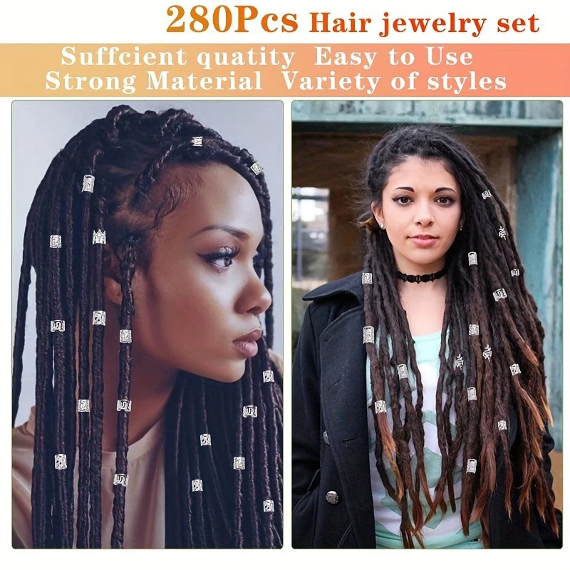 280pcs Silvery Metal Hair Braiding Rings & Cuffs Set - Hip-Hop Punk Style Hollow-Out Dreadlock Beads for Women and Girls DIY