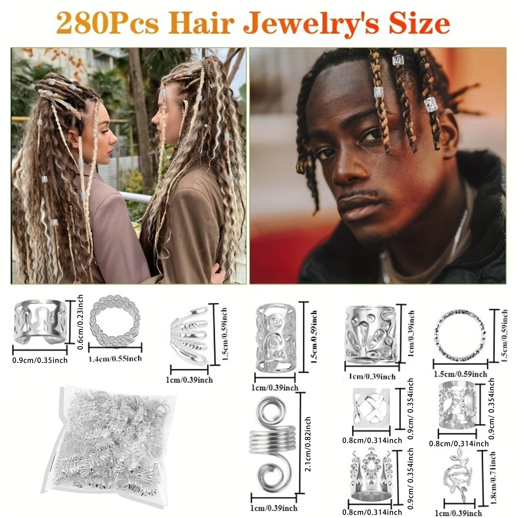 280pcs Silvery Metal Hair Braiding Rings & Cuffs Set - Hip-Hop Punk Style Hollow-Out Dreadlock Beads for Women and Girls DIY