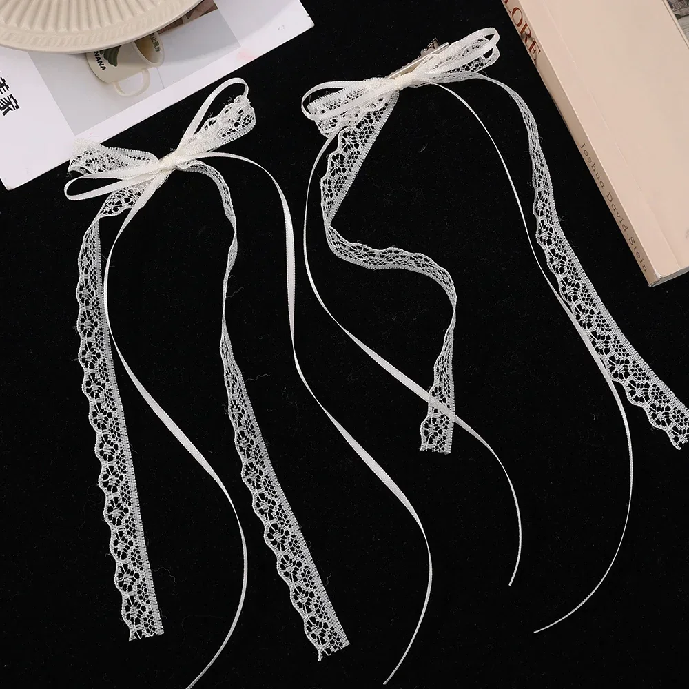 2Pcs White Sweet Lace Long Bow Hair Clip Women Girls Ribbon Tassel Bowknot Hair Pins Braid Barrettes Trend Hollow Out Headwears