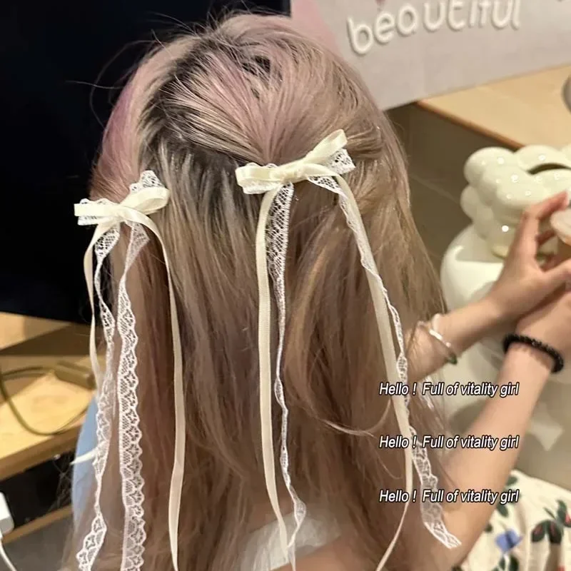 2Pcs White Sweet Lace Long Bow Hair Clip Women Girls Ribbon Tassel Bowknot Hair Pins Braid Barrettes Trend Hollow Out Headwears
