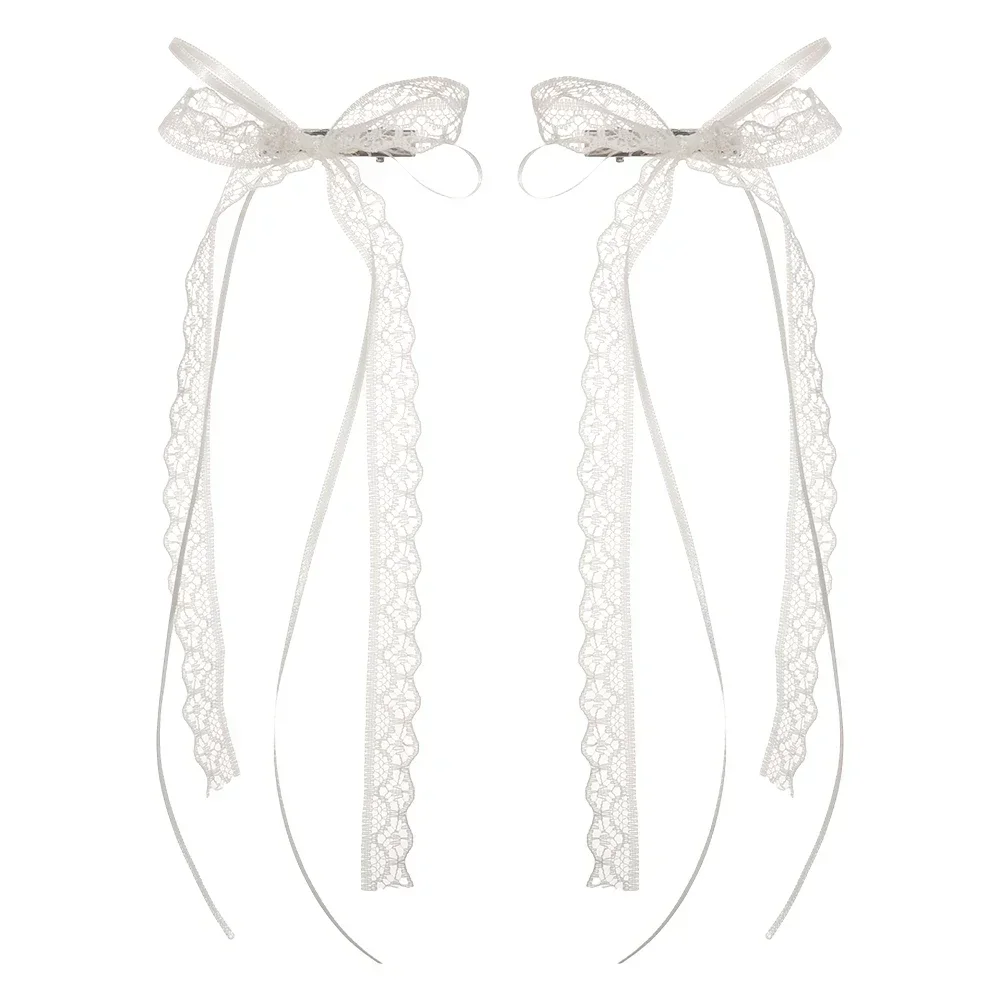 2Pcs White Sweet Lace Long Bow Hair Clip Women Girls Ribbon Tassel Bowknot Hair Pins Braid Barrettes Trend Hollow Out Headwears