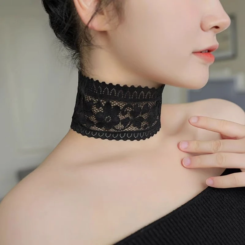 Sexy Hollow Out Floral Lace Fake collar Elastic Lace Wide Scarf Dance Collarbone Chain Bridal Wedding Necklace Decoration