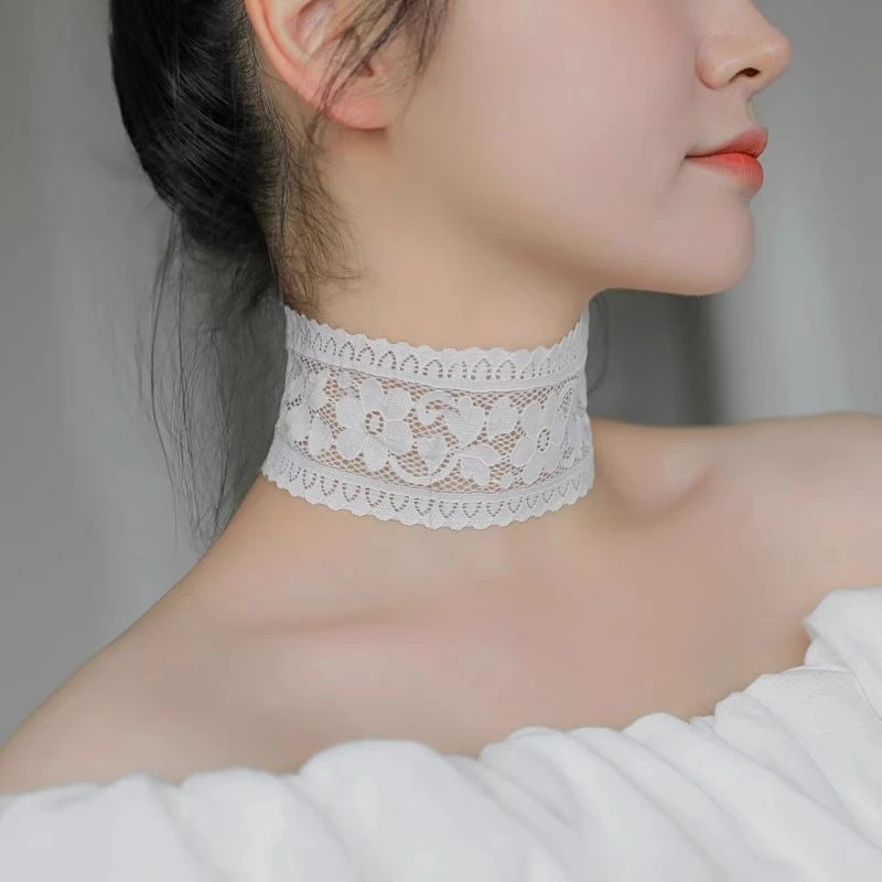 Sexy Hollow Out Floral Lace Fake collar Elastic Lace Wide Scarf Dance Collarbone Chain Bridal Wedding Necklace Decoration