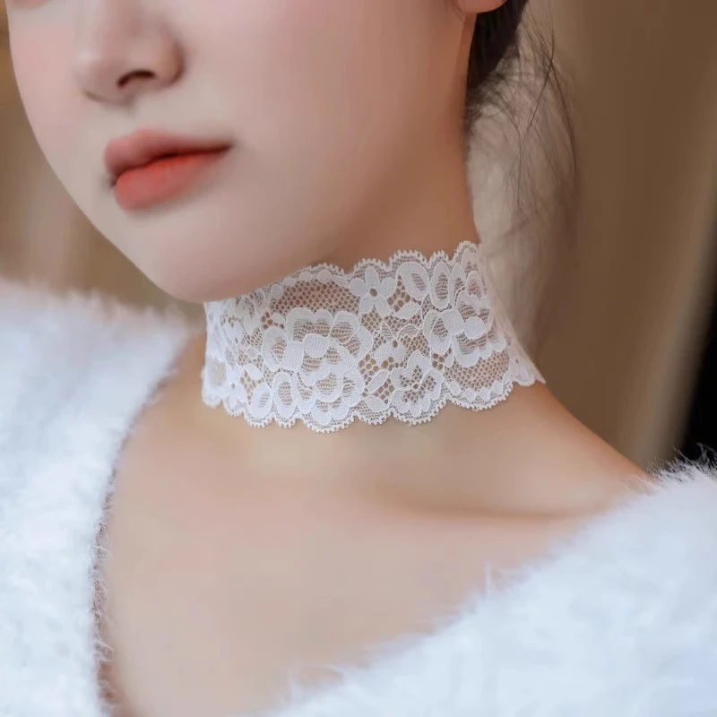 Sexy Hollow Out Floral Lace Fake collar Elastic Lace Wide Scarf Dance Collarbone Chain Bridal Wedding Necklace Decoration