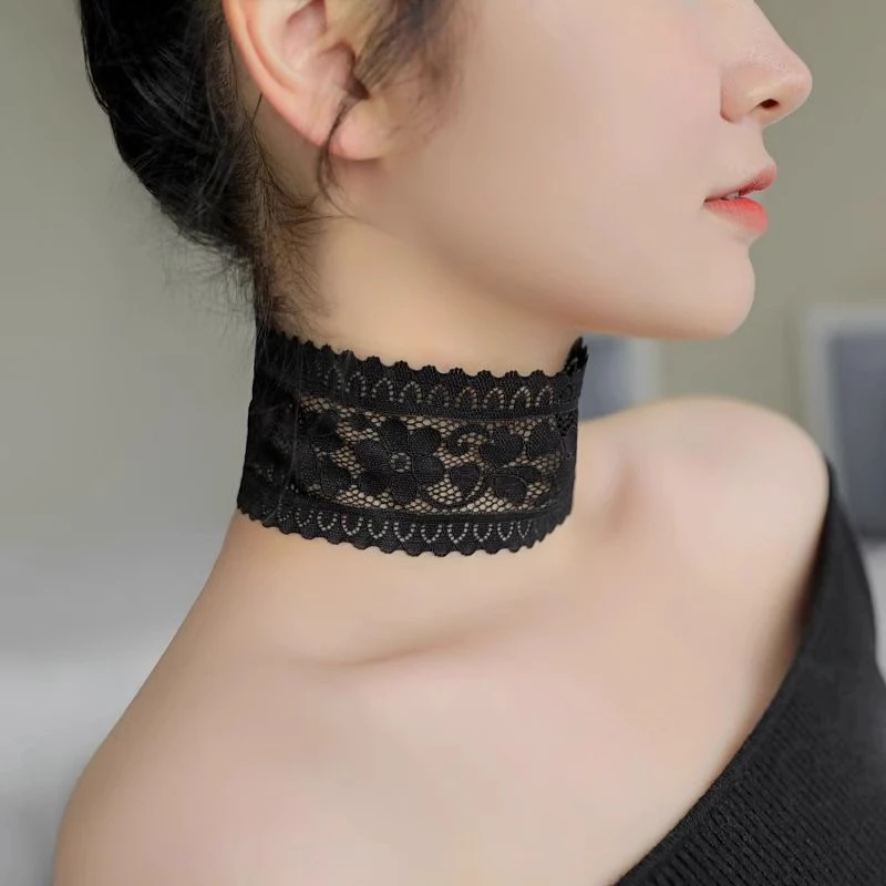 Sexy Hollow Out Floral Lace Fake collar Elastic Lace Wide Scarf Dance Collarbone Chain Bridal Wedding Necklace Decoration