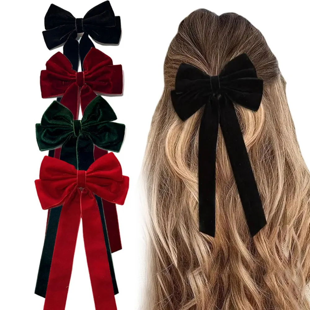 Velvet Hair Clip for Women Elegant Handmade Black Red Green Double Bows Barrette Pin Long Tassel Hair Accessories Christmas Gift
