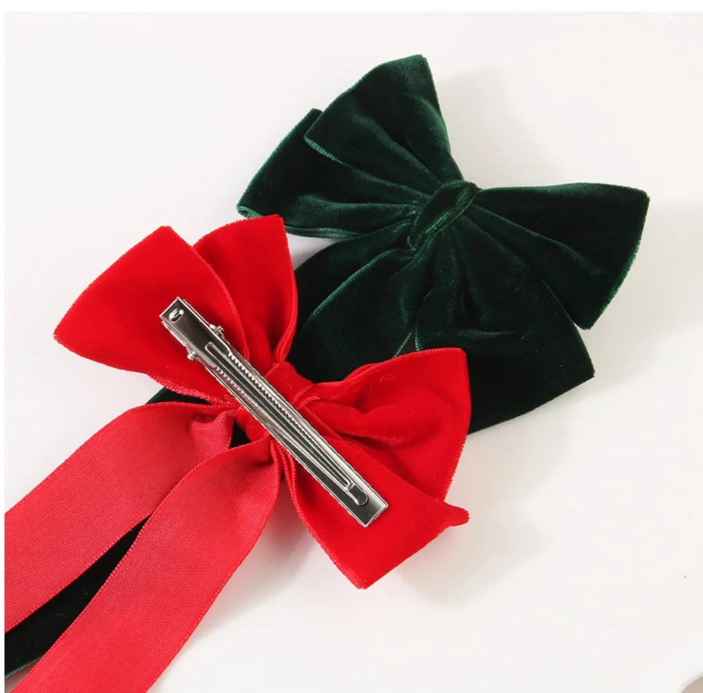 Velvet Hair Clip for Women Elegant Handmade Black Red Green Double Bows Barrette Pin Long Tassel Hair Accessories Christmas Gift