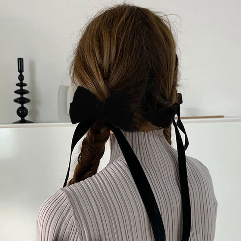 Velvet Hair Clip for Women Elegant Handmade Black Red Green Double Bows Barrette Pin Long Tassel Hair Accessories Christmas Gift