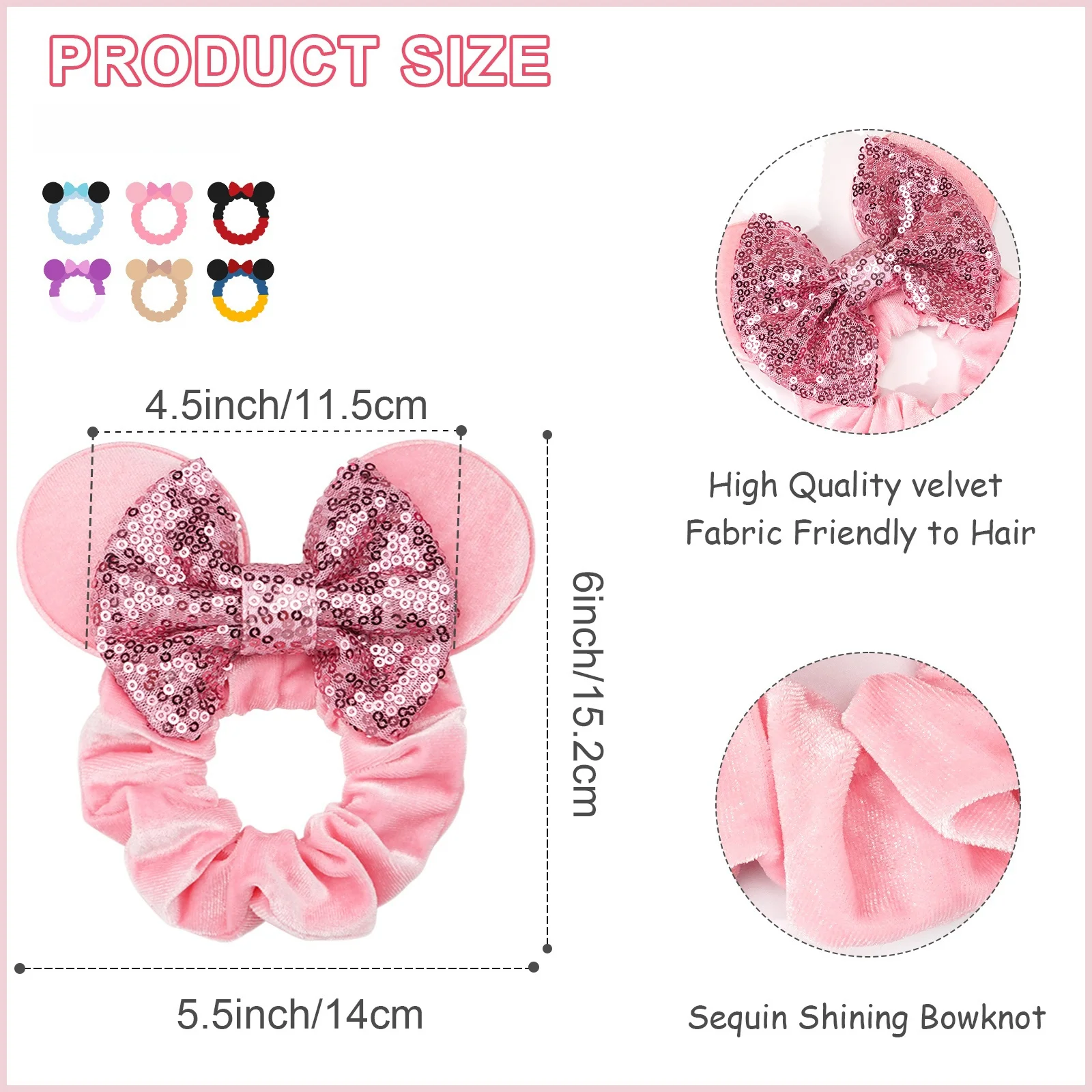 3 Pcs Cute Mouse Ears Hair Scrunchies 12 Styles Velvet Bows for Women Girls Birthday Date Amusement Park Party Hair Bands