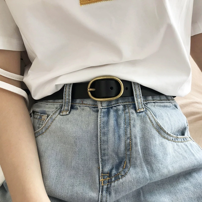 Women's Genuine Leather Belt 2.3cm Wide Two-Layer Cowhide Metal Pin Buckle Simple Fashion for Jeans
