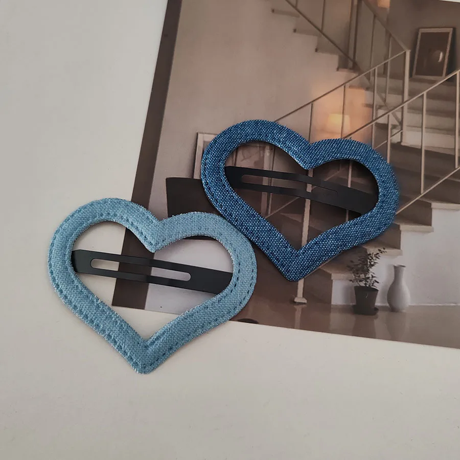 2PC Denim Velvet BB Hairpin Set for Women Girls Red Heart Star Side Clips Fashionable Hair Accessories