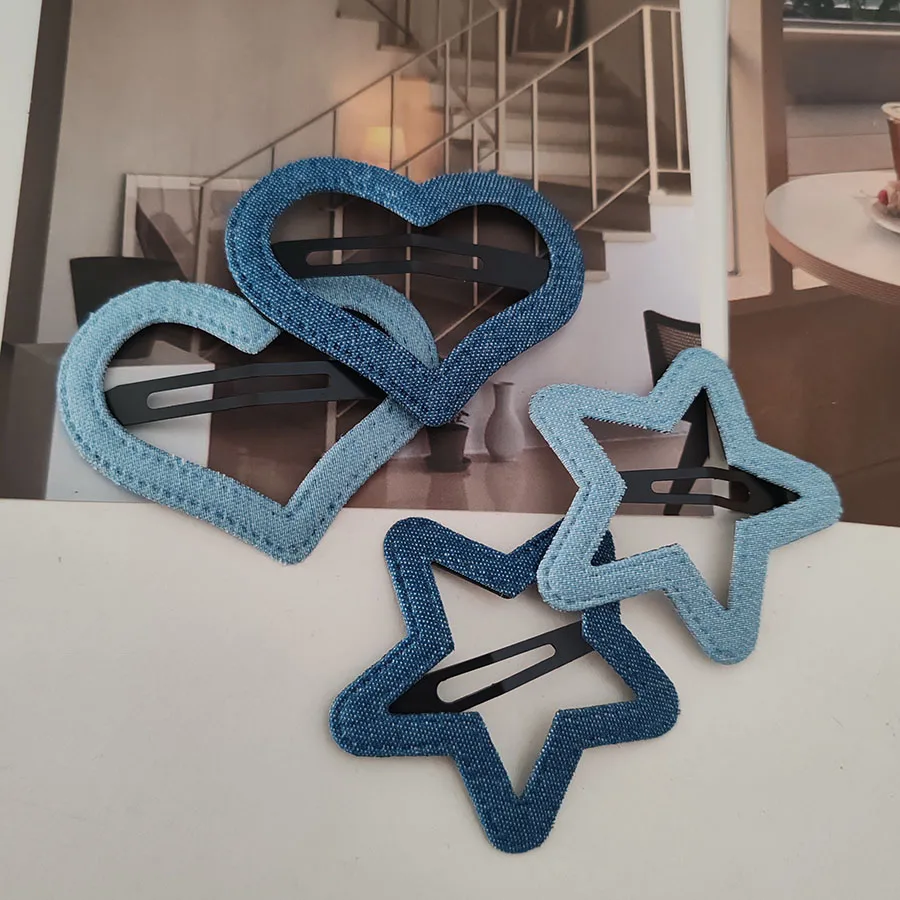 2PC Denim Velvet BB Hairpin Set for Women Girls Red Heart Star Side Clips Fashionable Hair Accessories