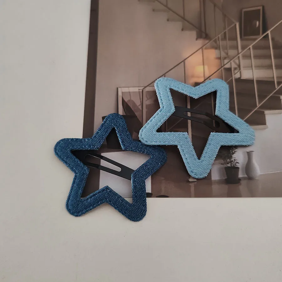 2PC Denim Velvet BB Hairpin Set for Women Girls Red Heart Star Side Clips Fashionable Hair Accessories