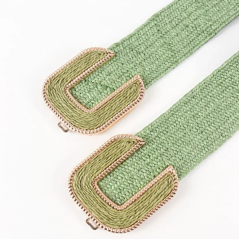 Fashion Stretch Alloy Buckle PP Grass Braided Belt All-match Elastic Waist Seal Multicolor Decorative Dress Belt for Women